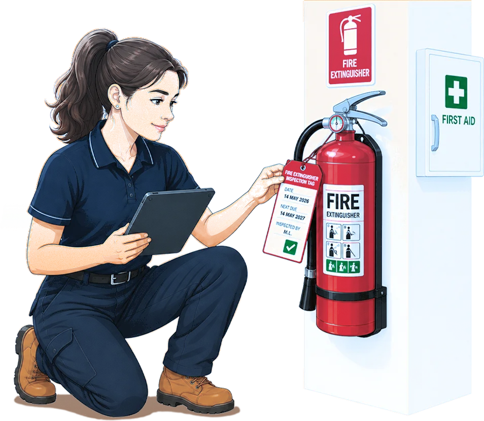 An illustration of a technician tagging a fire extinguisher beside a first aid cabinet while holding a tablet.