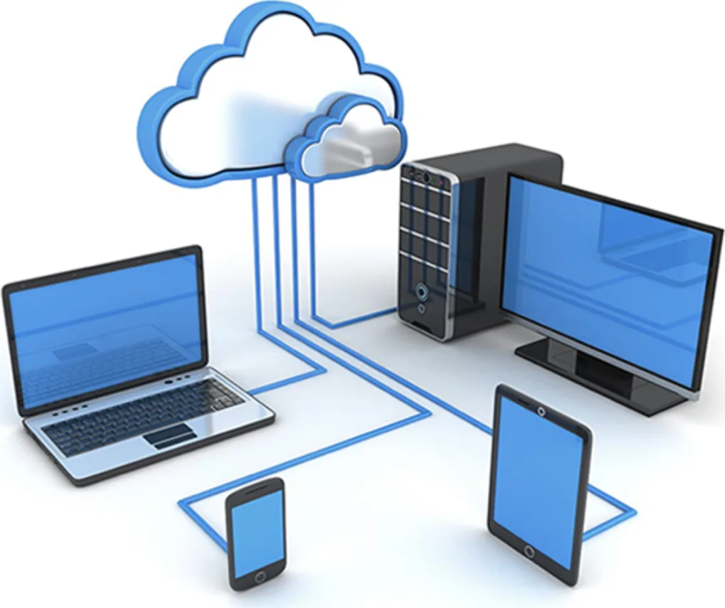 A cloud connected to a server, laptop, monitor, tablet and phone.