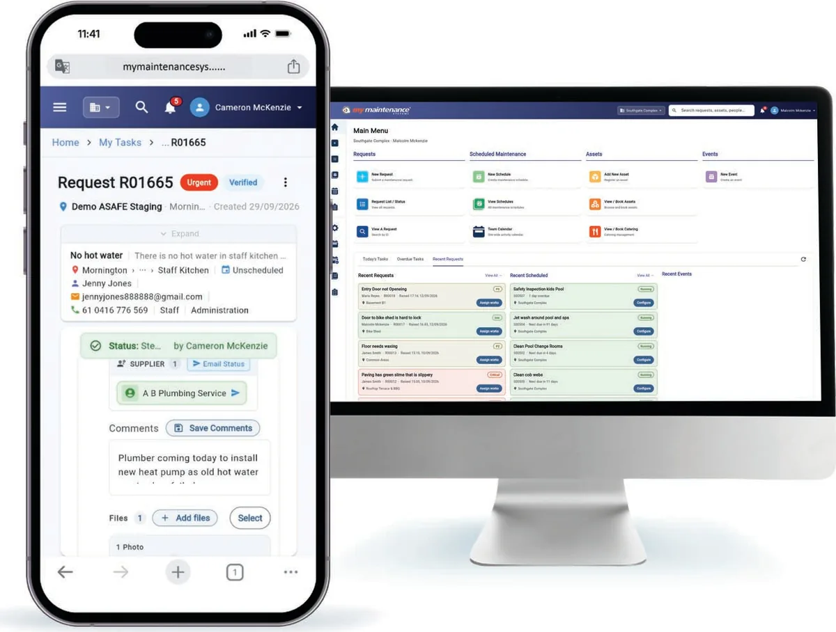 A maintenance request open in the My Maintenance app on a phone, beside the main menu and recent requests on a desktop monitor.