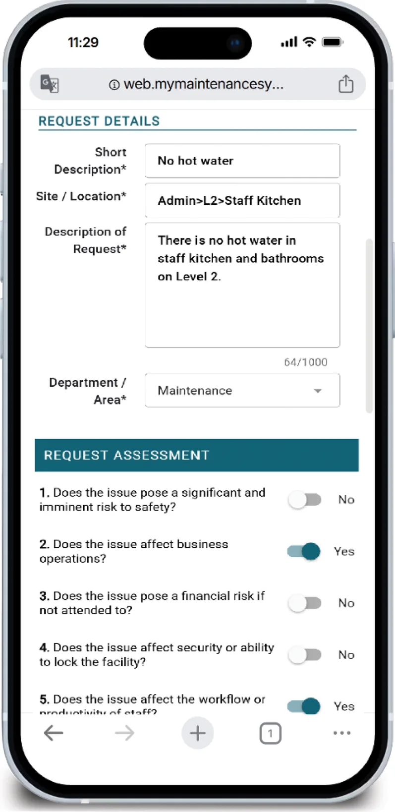 The My Maintenance request form on a phone, showing the request details and the request assessment questions.